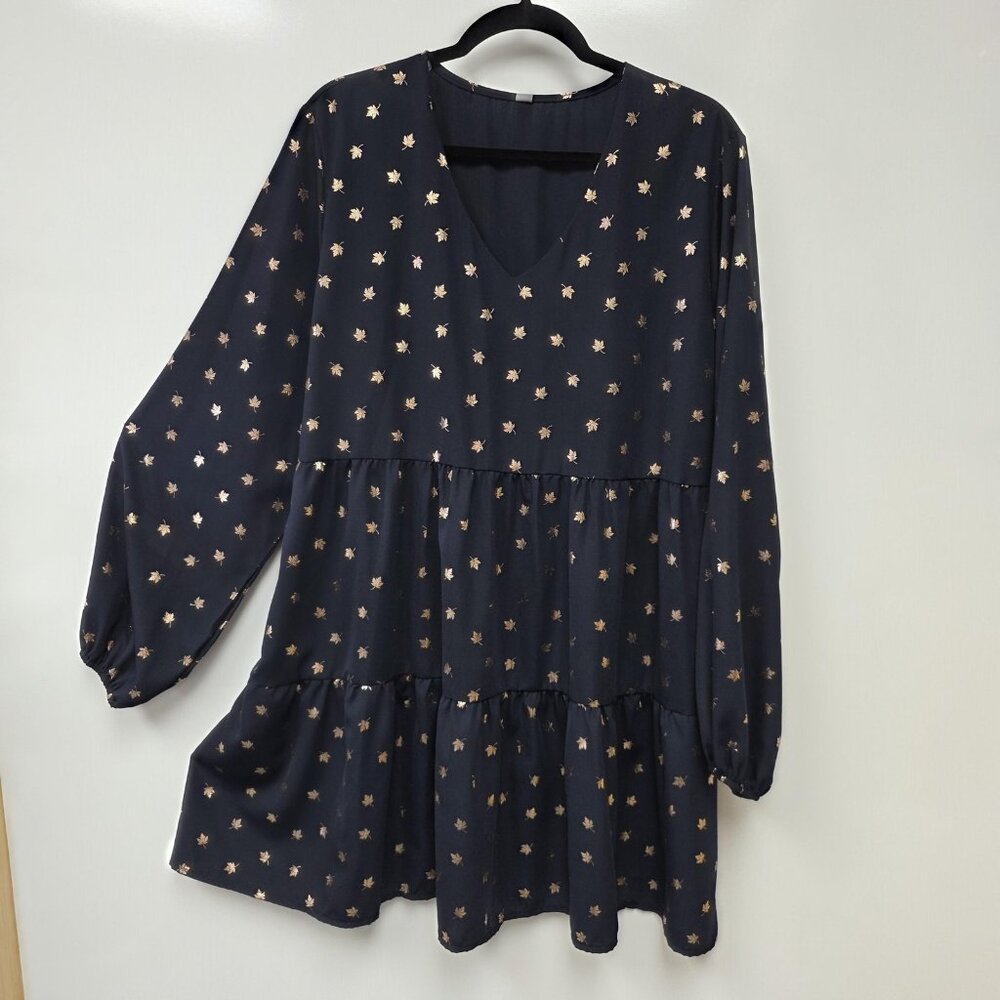 Honeyme Curvy Dress Womens XL Blue Leaf Print Tiered Swing Long Sleeve V Neck